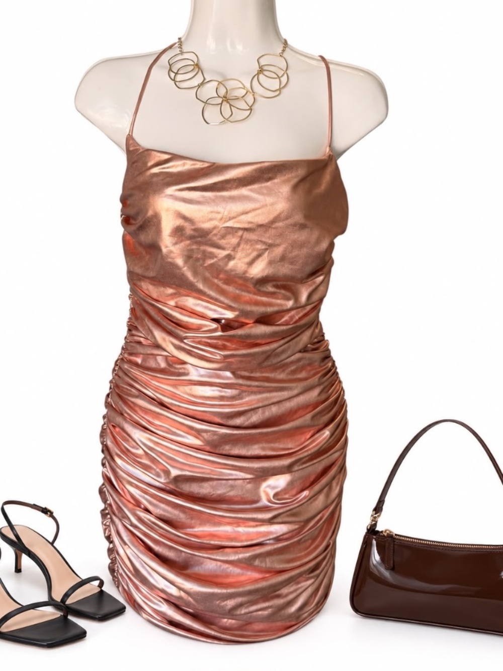 Oh Polly Rose Gold Metallic Ruched Mini Dress US 8